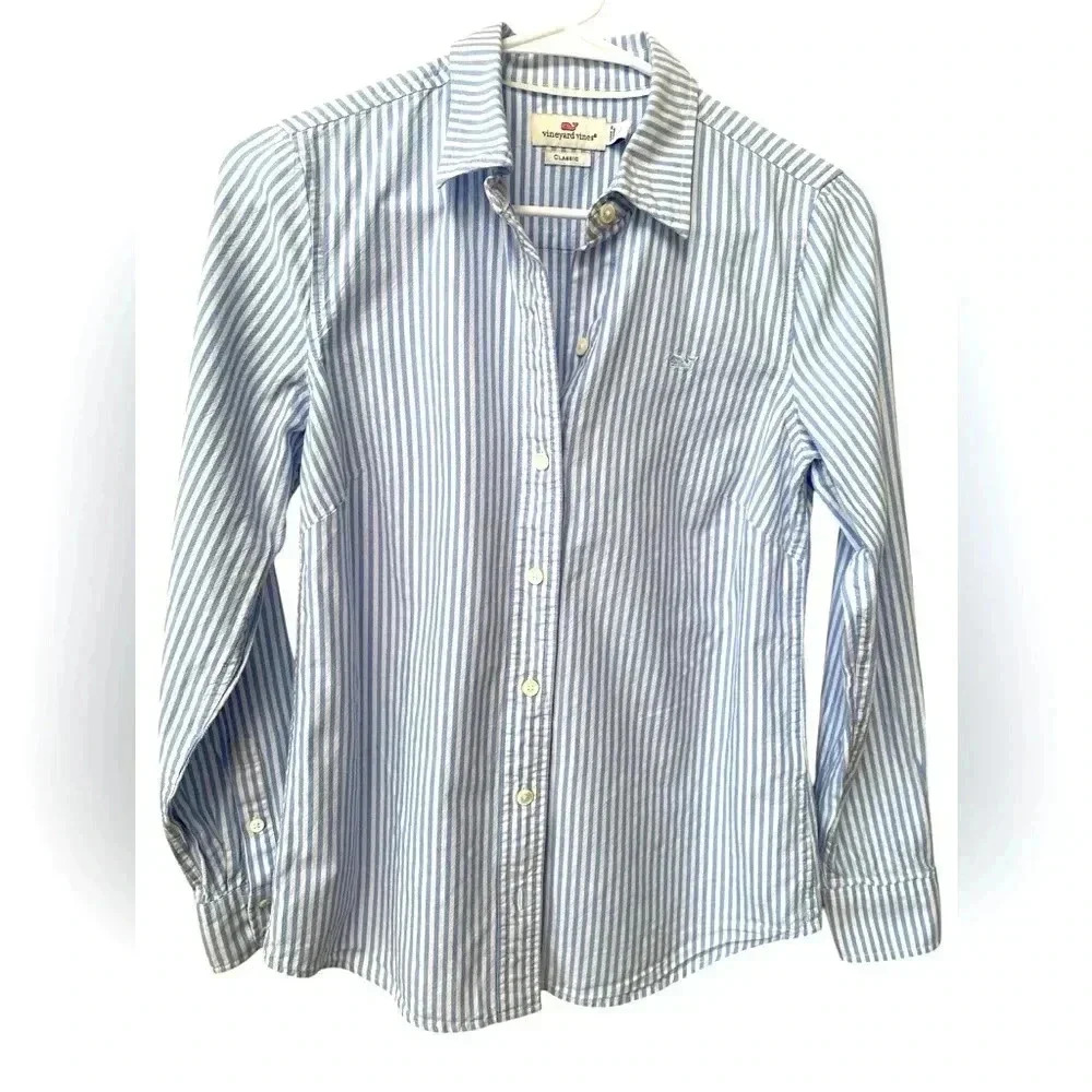 Vineyard Vines Stripe Button Down Shirt Women’s 0 Blue And White